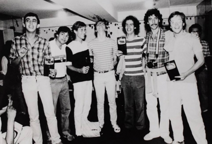 Walter Silveira, Marcelo Machado, Tadeu Jungle, Tonico Melo, Fernando Meirelles. Artistas premiados no I Festival Videobrasil, 1983, MIS, São Paulo.
